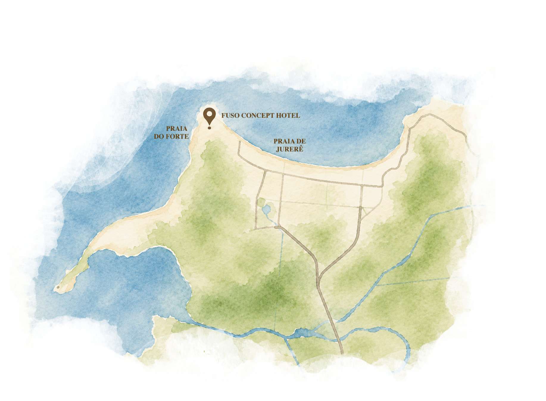 Mapa ilustrado da localização do Fuso entre a Praia do Forte e Jurerê Internacional